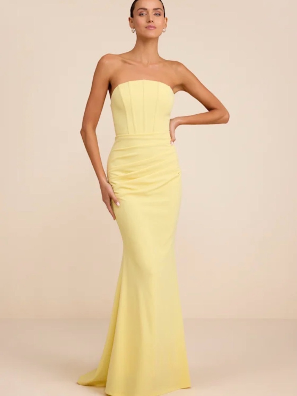 Lulu's Strapless Pale Yellow Mermaid Gown